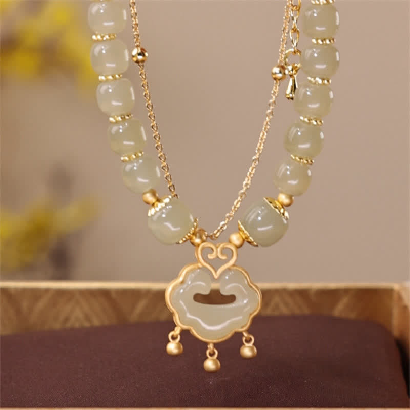 Mythstone 14K Gold Plated Natural Hetian Jade Wish Lock Bell Chain Bracelet