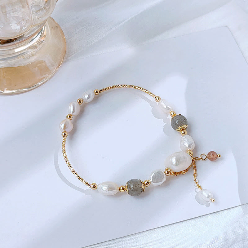 Mythstone Pearl Moonstone Strawberry Quartz Bead Optimism Bracelet