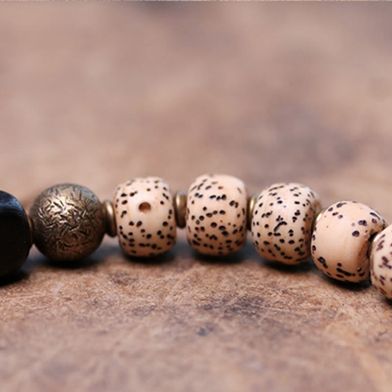 Mythstone Tibetan Bodhi Seed Black Obsidian Ebony Wood Copper Peace Bracelet