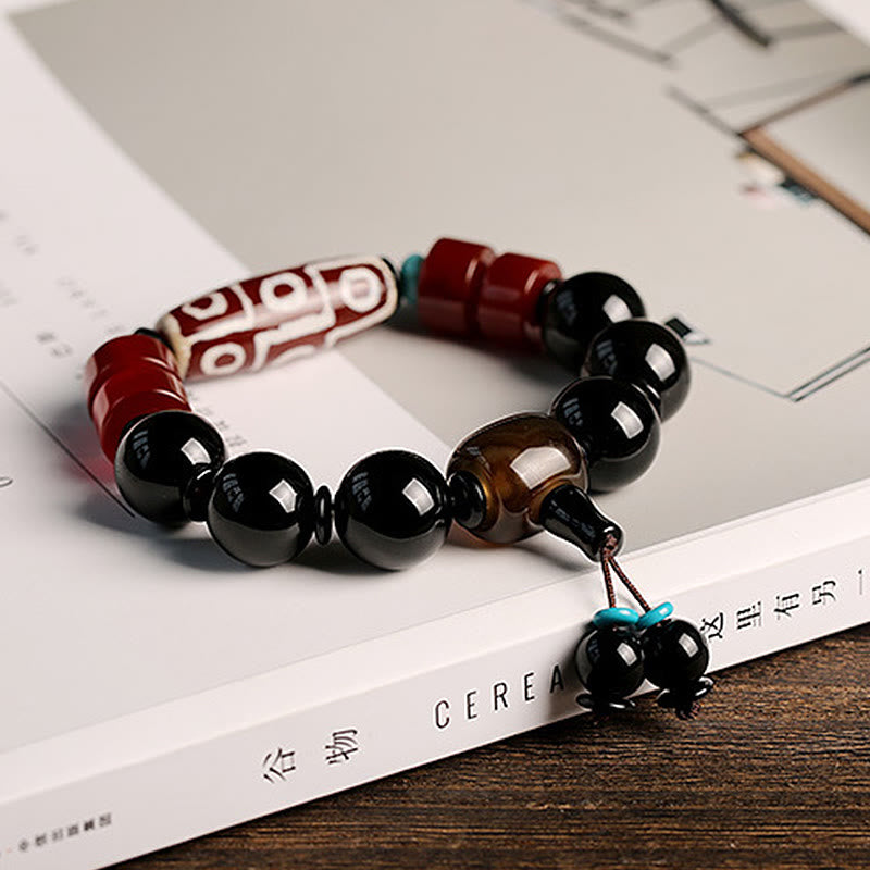 MythStone Tibetan Nine-Eye Dzi Bead Black Onyx Wealth Protection Bracelet