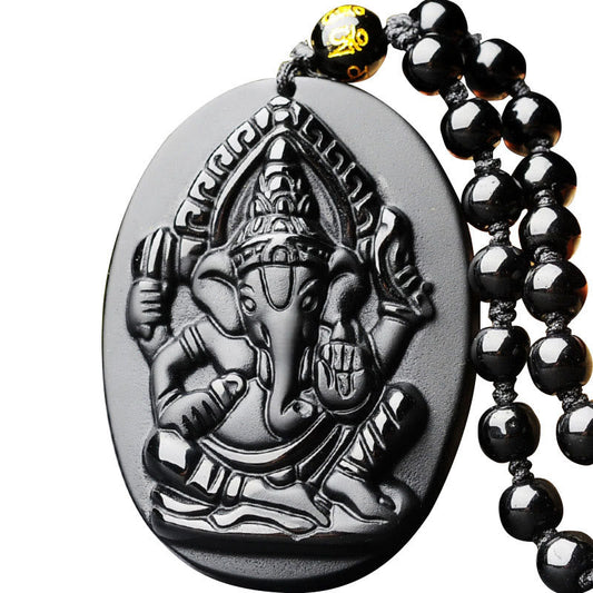 Mythstone Tibetan Obsidian Ganesh Ganpati Elephant Wealth Amulet Necklace