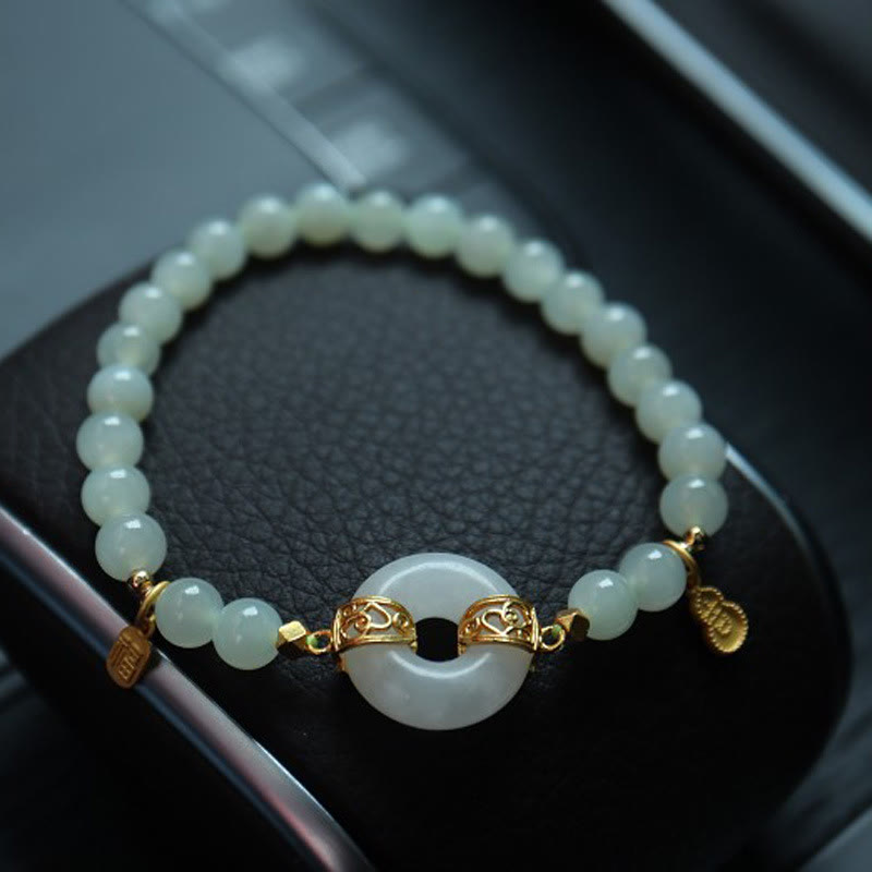 Mythstone 925 Sterling Silver Plated Gold Natural Hetian Jade Bead Gourd Lotus Bamboo Fu Character Luck Bracelet