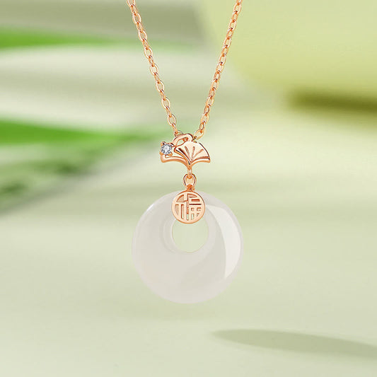 Mythstone 925 Sterling Silver Ginkgo Leaf Butterfly Rose Chalcedony Hetian Jade Peace Buckle Fu Character Harmony Necklace Pendant