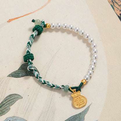 Mythstone 925 Sterling Silver Fu Character Lucky Bag Pearl Hetian Jade Wisdom Rope Bracelet