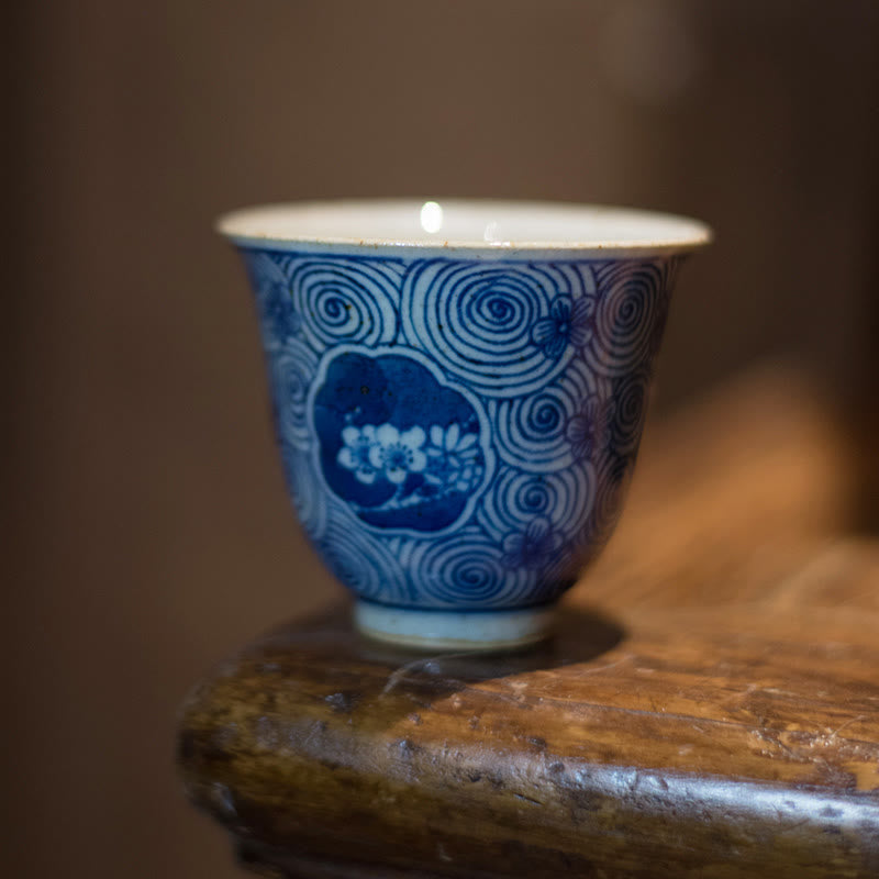 Mythstone Jingdezhen Blue and White Porcelain Hand Painted Lotus Plum Blossom Ceramic Teacup Kung Fu Tea Cups