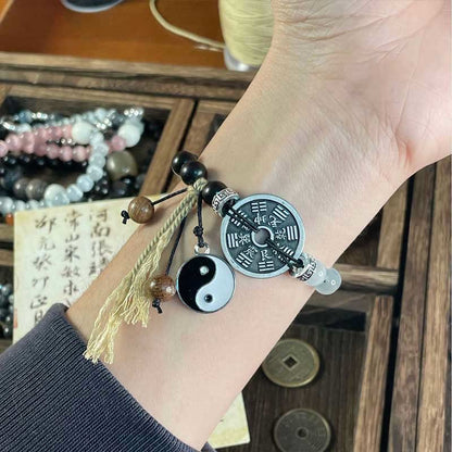 Mythstone Cat's Eye Ebony Wood Yin Yang Bagua Coin Support Rope Bracelet