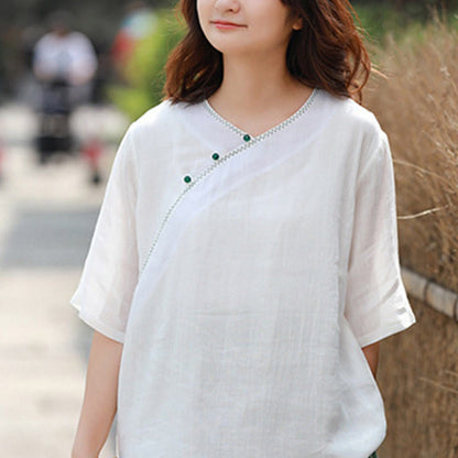 Mythstone V-Neck Ramie Linen Loose Casual Blouse Short Sleeve Shirt Chinese Style Top