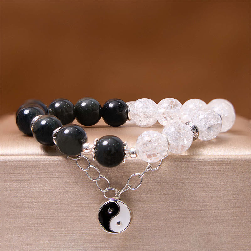 Mythstone Silver Sheen Obsidian Crackle Clear Quartz Black Rutilated Quartz Yin Yang Lotus Protection Bracelet