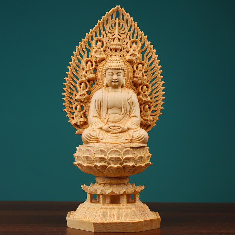 Mythstone Handmade Sakyamuni Kwan Yin Avalokitesvara Ksitigarbha Bodhisattva Statue Boxwood Grounding Home Decoration