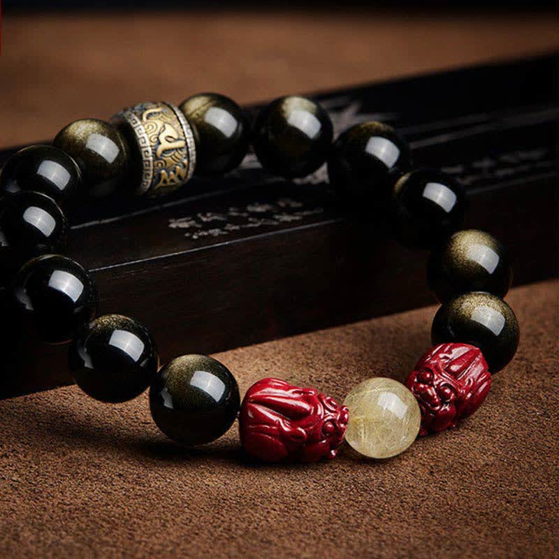 Mythstone Gold Sheen Obsidian PiXiu Cinnabar Om Mani Padme Hum Protection Bracelet