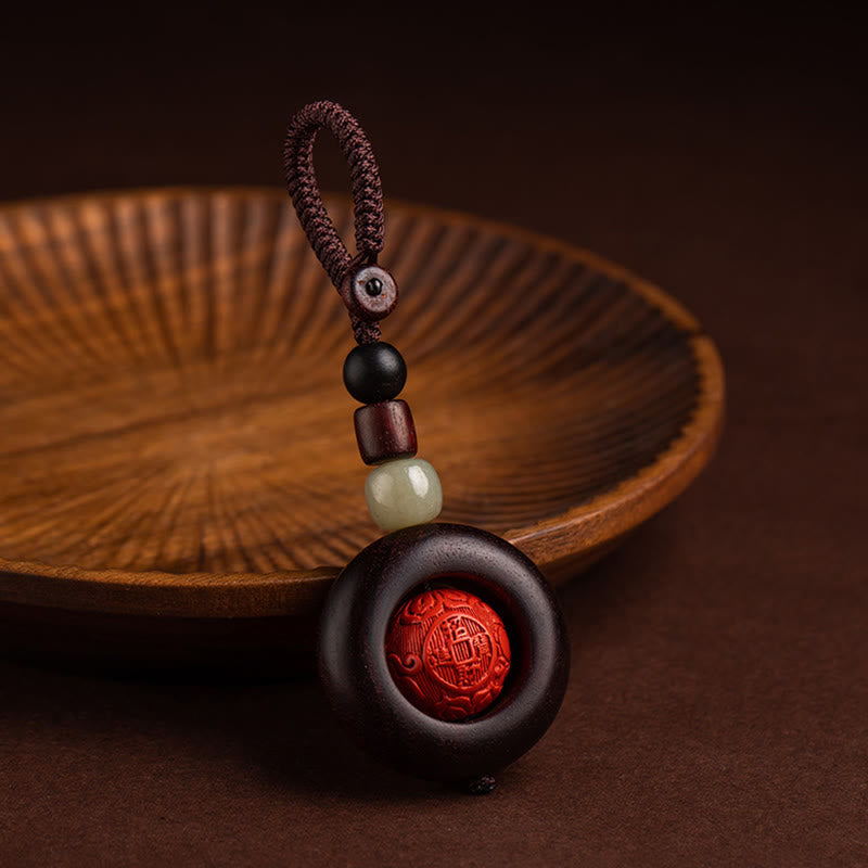 Mythstone Tibet Om Mani Padme Hum PiXiu Copper Coin Small Leaf Red Sandalwood Cinnabar Protection Key Chain