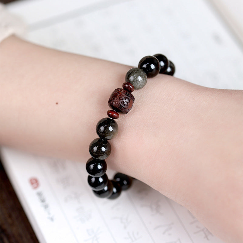 Pulsera curativa con personaje Om Mani Padme Hum Fu y obsidiana arcoíris con brillo dorado natural de Mythstone 