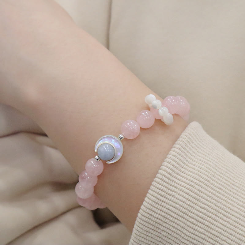 Pulsera de media luna curativa con ojo de gato, amatista natural, aguamarina y cristal rosa de plata de ley 925 de Mythstone 