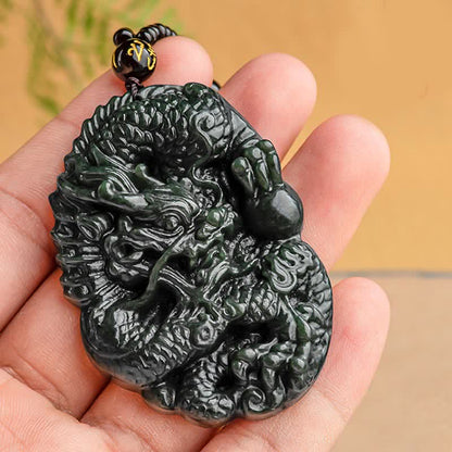 Mythstone Hetian Cyan Jade Dragon Success Harmony Necklace Beaded String Pendant