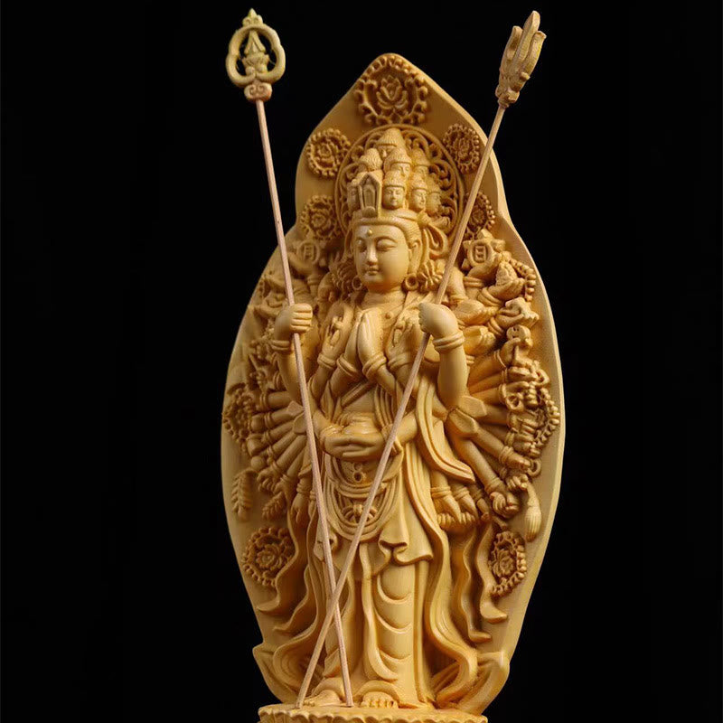 Mythstone Handmade Thousand-armed Avalokitesvara Kwan Yin Bodhisattva Statue Boxwood Abundance Home Decoration