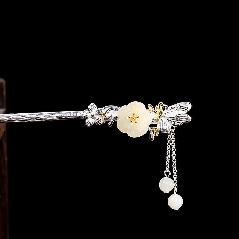 Mythstone 925 Sterling Silver Hetian White Jade Flower Blessing Hairpin