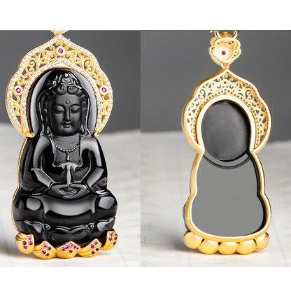 Colgante de plata de ley 925 con jade negro natural y símbolo de la riqueza de Kwan Yin Avalokitesvara