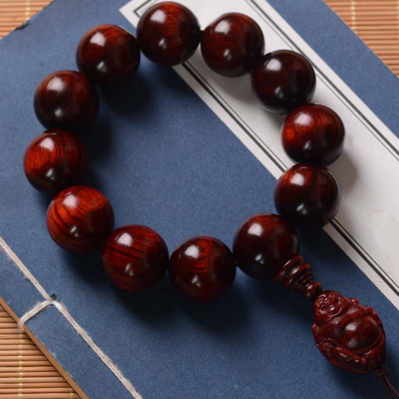 Mythstone Small Leaf Red Sandalwood Laughing Buddha God of Wealth Protection Bracelet