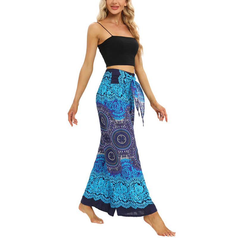 Mythstone Bohemian Mandala Flower Lace-up Wide Leg Pants Women's Yoga Pants