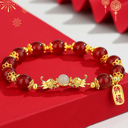 Mythstone 925 Sterling Silver Year of the Dragon Natural Red Agate Hetian Jade Fu Character Charm Strength Bracelet