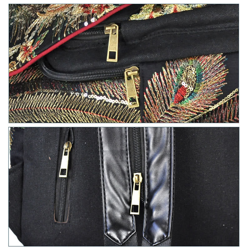 Mythstone Peacock Embroidery Canvas Tassel Backpack