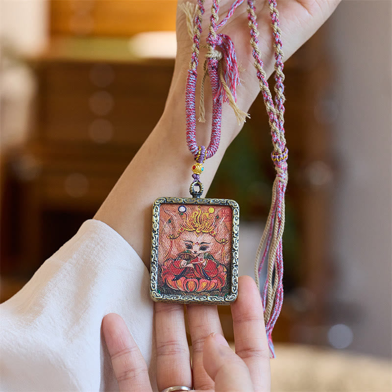 Mythstone Tibetan Hand-Painted Thangka Nine-Tailed Fox Luck Necklace Pendant