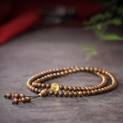 Mythstone 108 Mala Beads 999 Gold Brunei Agarwood Heart Sutra Amber Red Agate Strength Meditation Bracelet