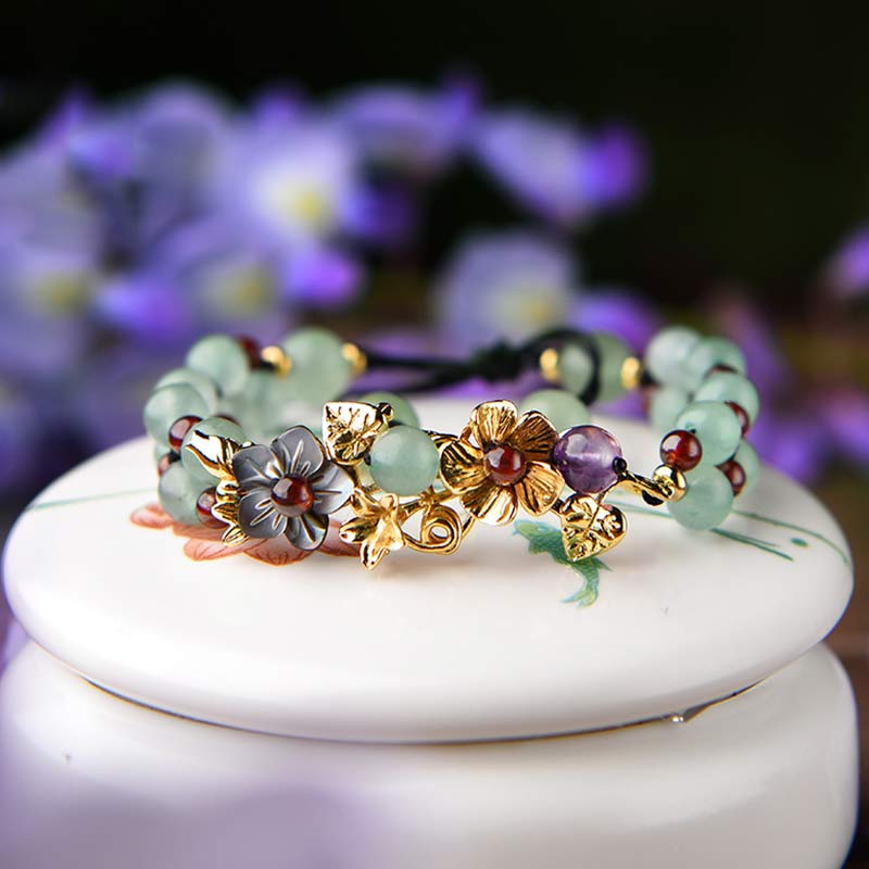 MythStone Green Aventurine Garnet Bead Flower Petal Luck Bracelet