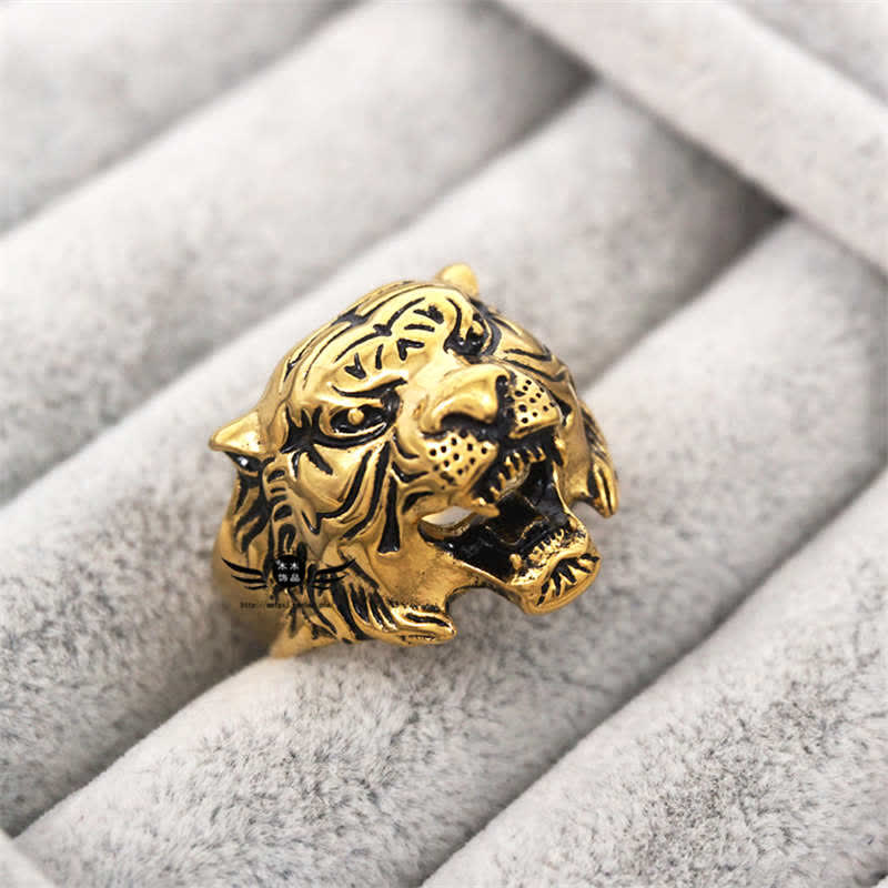 Mythstone Men's Animal Tiger Head Titanium Steel Balance Calm Punk Rock Biker Ring