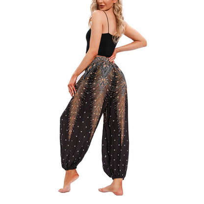 Mythstone Peacock Feather Pattern Loose Harem Trousers Women's Yoga Pants