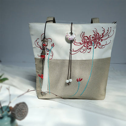 Mythstone Pear Flower Plum Peach Blossom Bamboo Embroidery Canvas Large Capacity Shoulder Bag Tote Bag