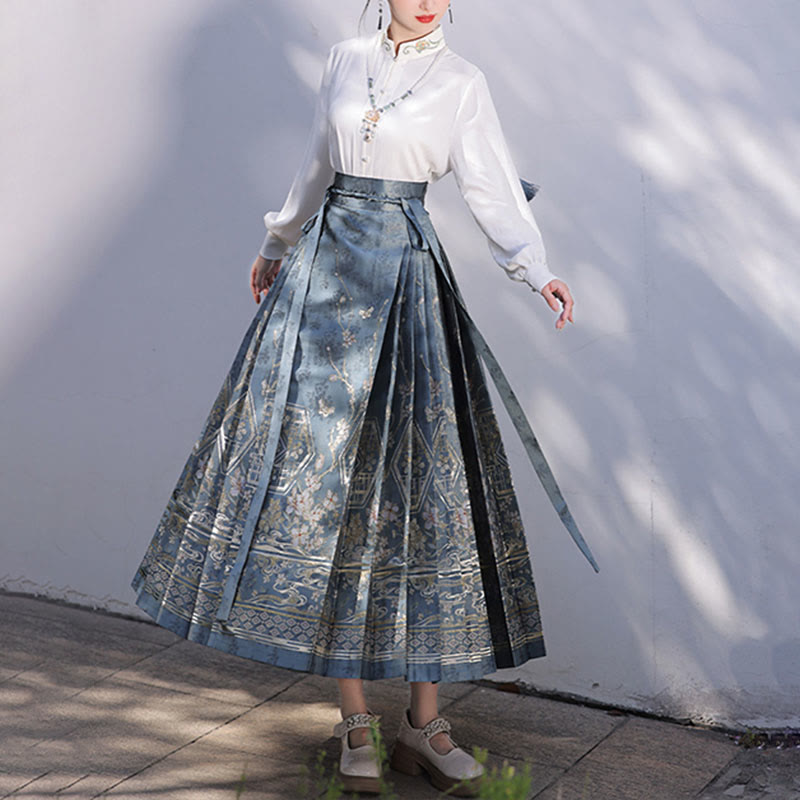 Mythstone Chinese Hanfu Blue Patio Plum Blossoms Printed Horse Face Skirt Mamianqun