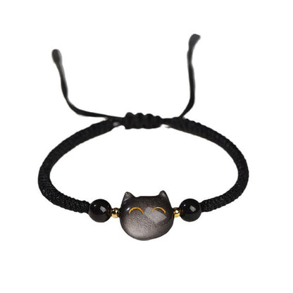 Pulsera trenzada con protección de gato linda y obsidiana con brillo de plata natural hecha a mano de Mythstone