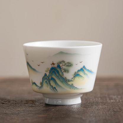 Mythstone Lotus Flower Leaf Mountain Pavilion Elk Peony Ceramic Teacup Kung Fu Tea Cup