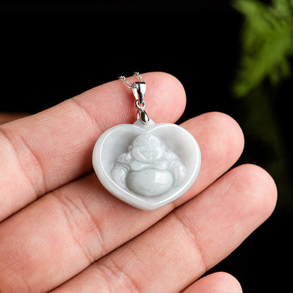 Mythstone 925 Sterling Silver Laughing Buddha White Jade Luck Blessing Necklace Pendant