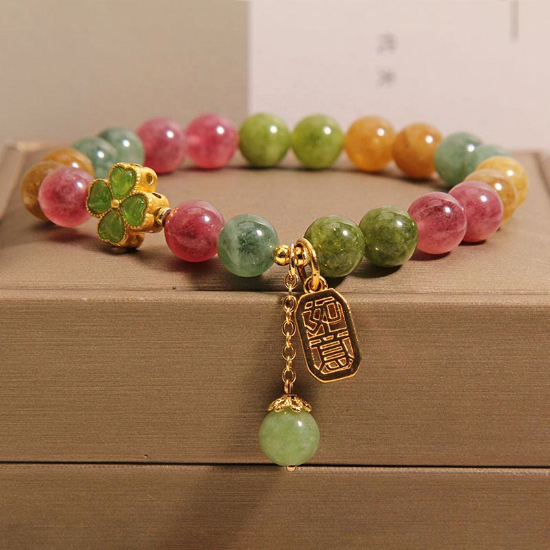 Mythstone Tourmaline Jade Colorful Four-leaf Clover Positive Bracelet