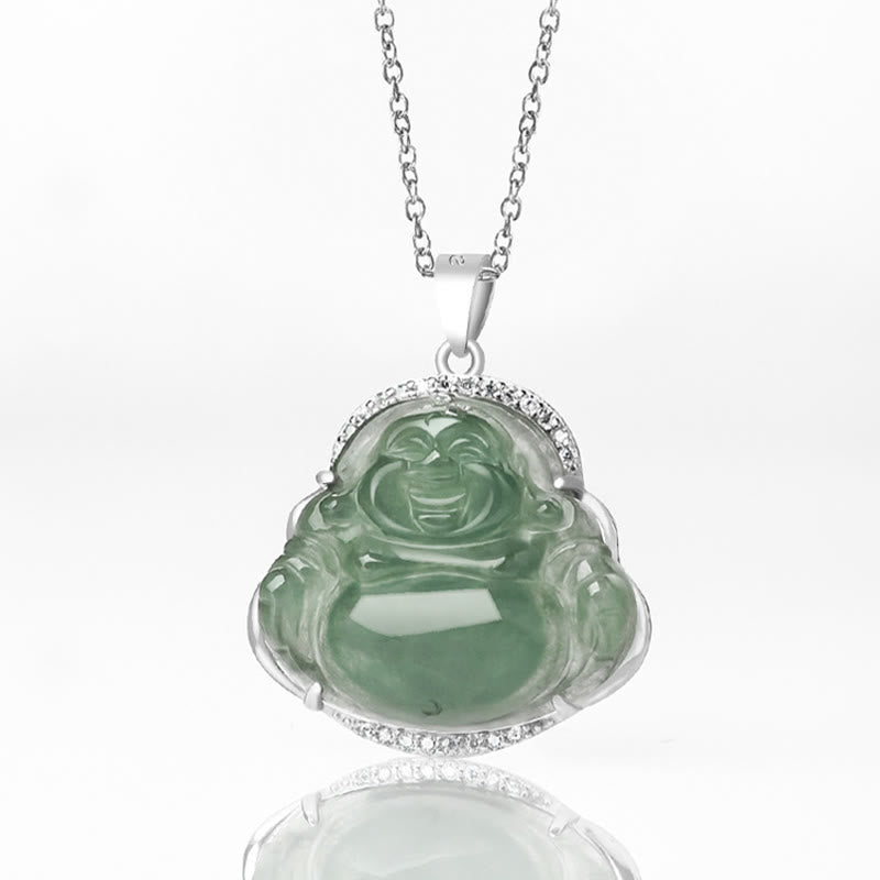 Mythstone 925 Sterling Silver Laughing Buddha Natural Jade Luck Prosperity Necklace Chain Pendant