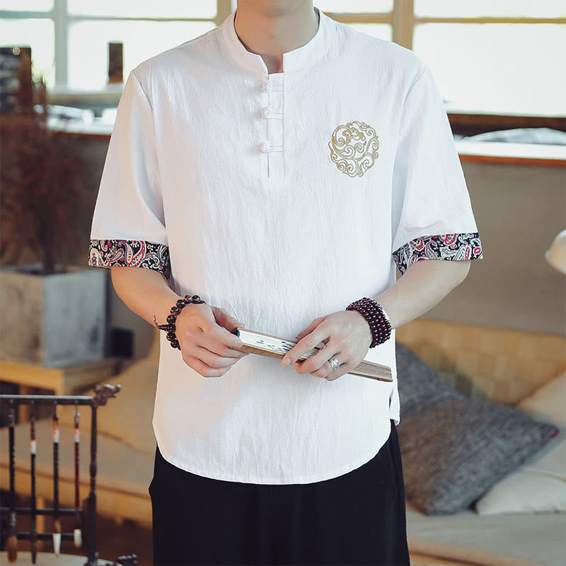 Mythstone Frog-Button Dragon Embroidery Chinese Tang Suit Short Sleeve Shirt Linen Men Clothing