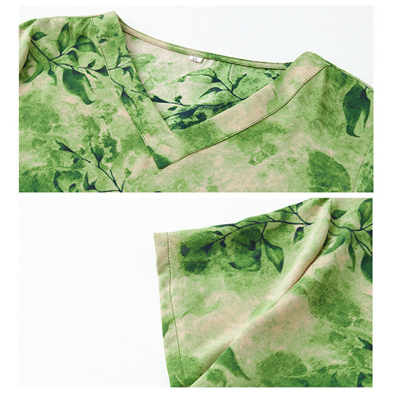 Mythstone V-Neck Green Leaves Flowers Pattern Short Sleeve Midi Dress With Pockets