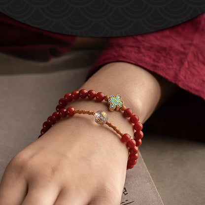 MythStone Chinese Zodiac Natal Buddha Red Agate Small Leaf Red Sandalwood Cinnabar Amulet Blessing Double Wrap Bracelet