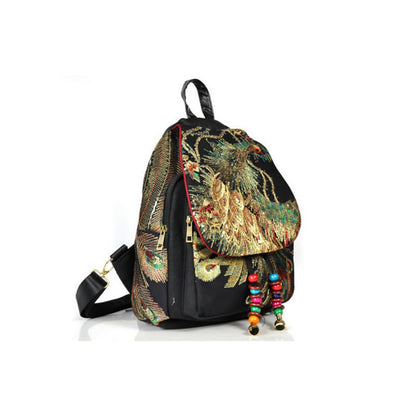 Mythstone Peacock Embroidery Canvas Tassel Backpack