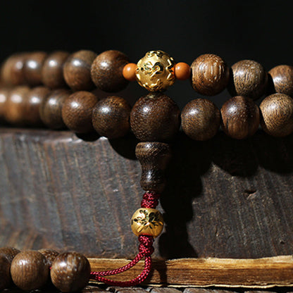 Mythstone 999 Gold 108 Mala Beads Kalimantan Agarwood Cyan Jade Six True Words Strength Bracelet