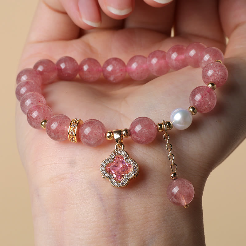 Mythstone Strawberry Quartz Pearl Four Leaf Clover Charm Healing Bracelet