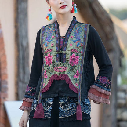 Mythstone Vintage Embroidery Flower Pattern Tang Suit Design Vest