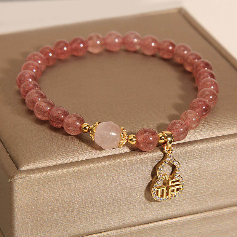 MythStone Strawberry Quartz Gourd Fu Character Charm Positive Bracelet