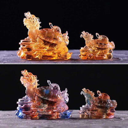 Mythstone Feng Shui Dragon Turtle Coins Handmade Liuli Crystal Luck Art Piece Home Office Decoration