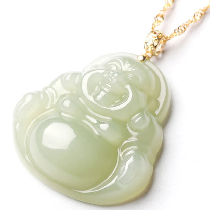 Mythstone 925 Sterling Silver Laughing Buddha Cyan Jade 18K Gold Success Necklace Pendant