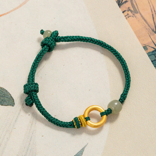 Pulsera trenzada de cuerda verde con cuentas de jade hetiano y hebilla de paz de plata esterlina 999 de Mythstone