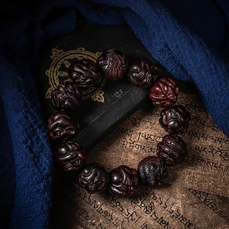 Mythstone Chinese Zodiac Engraved Small Leaf Red Sandalwood Protection Bracelet