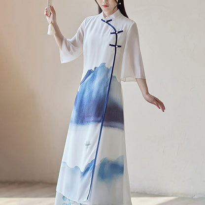 Mythstone Blue Landscape Painting Three Quarter Chinese Cheongsam Midi Dress